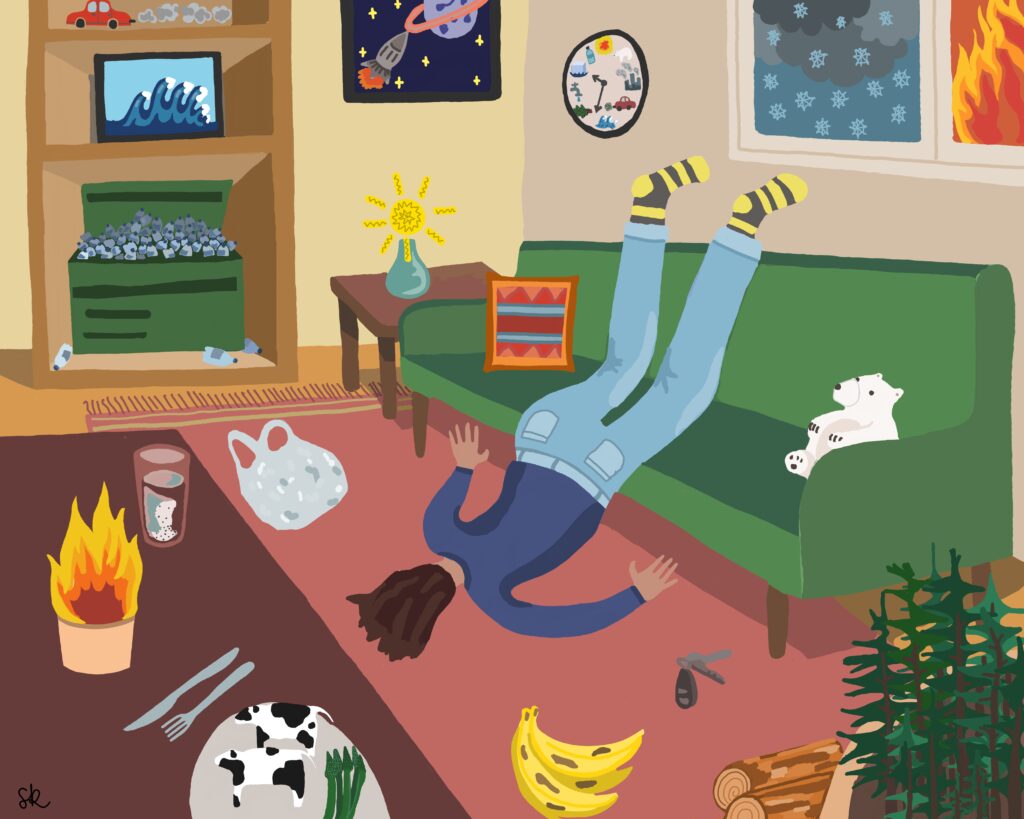 An illustration of a young activist face down their living room floor surrounded by symbolic images of climate crisis.